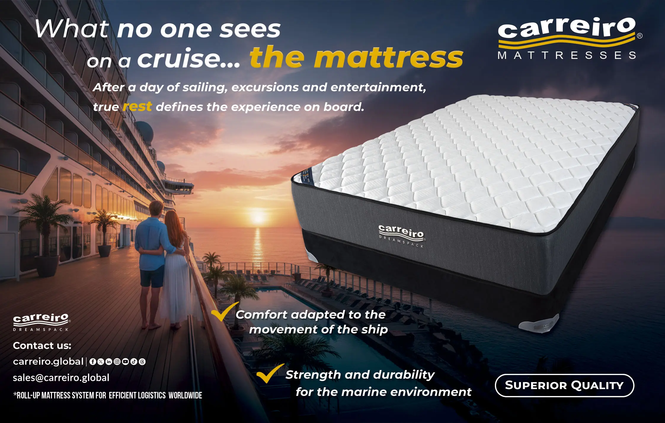 Carreiro - Lo que nadie ve en un crucero: el colchón. Confort adaptado, resistencia marina, calidad superior.